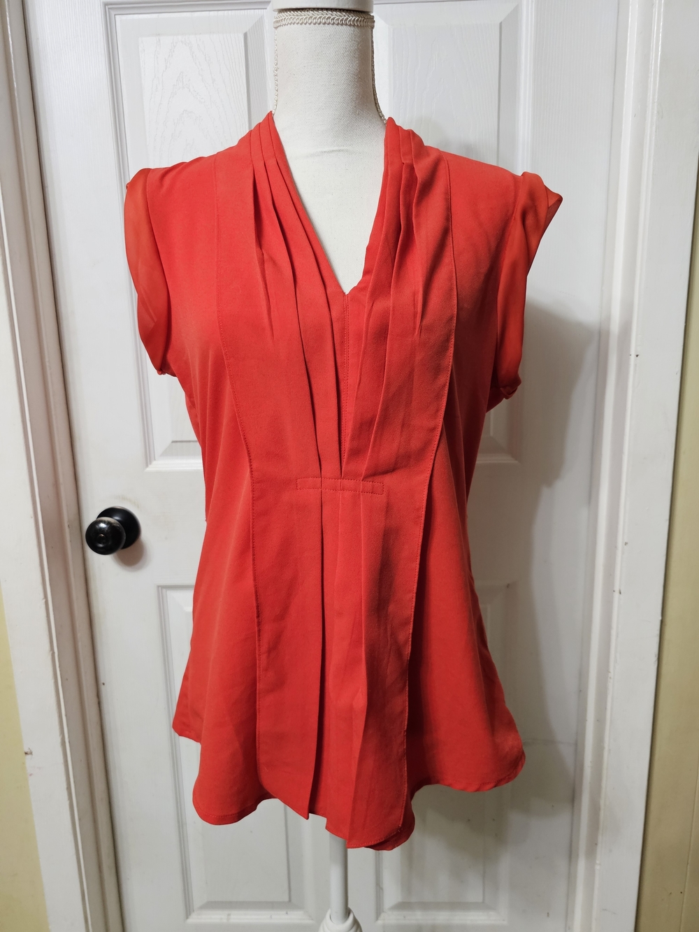 Calvin Klein Red Pleated V-Neck Blouse